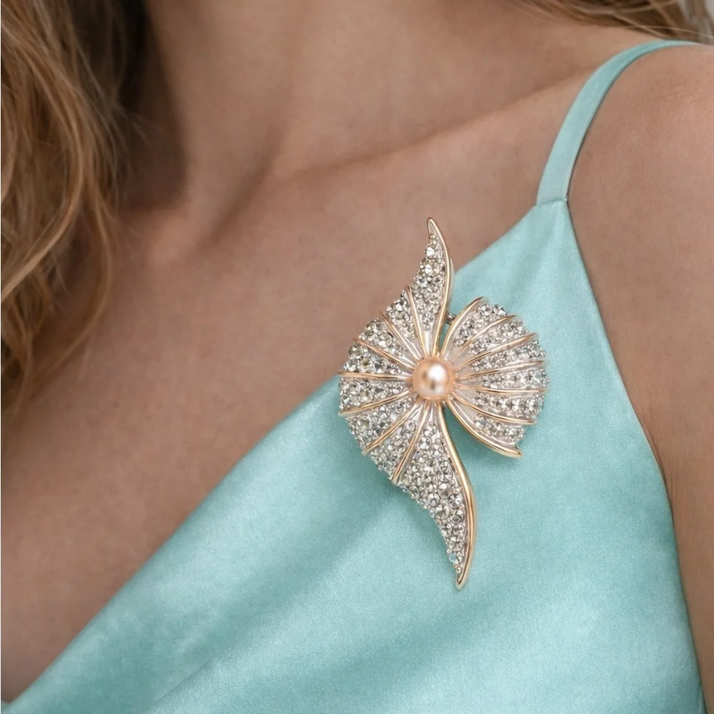 Imperial Pearl Crystal Brooch – Fan Design Gold Statement Pin